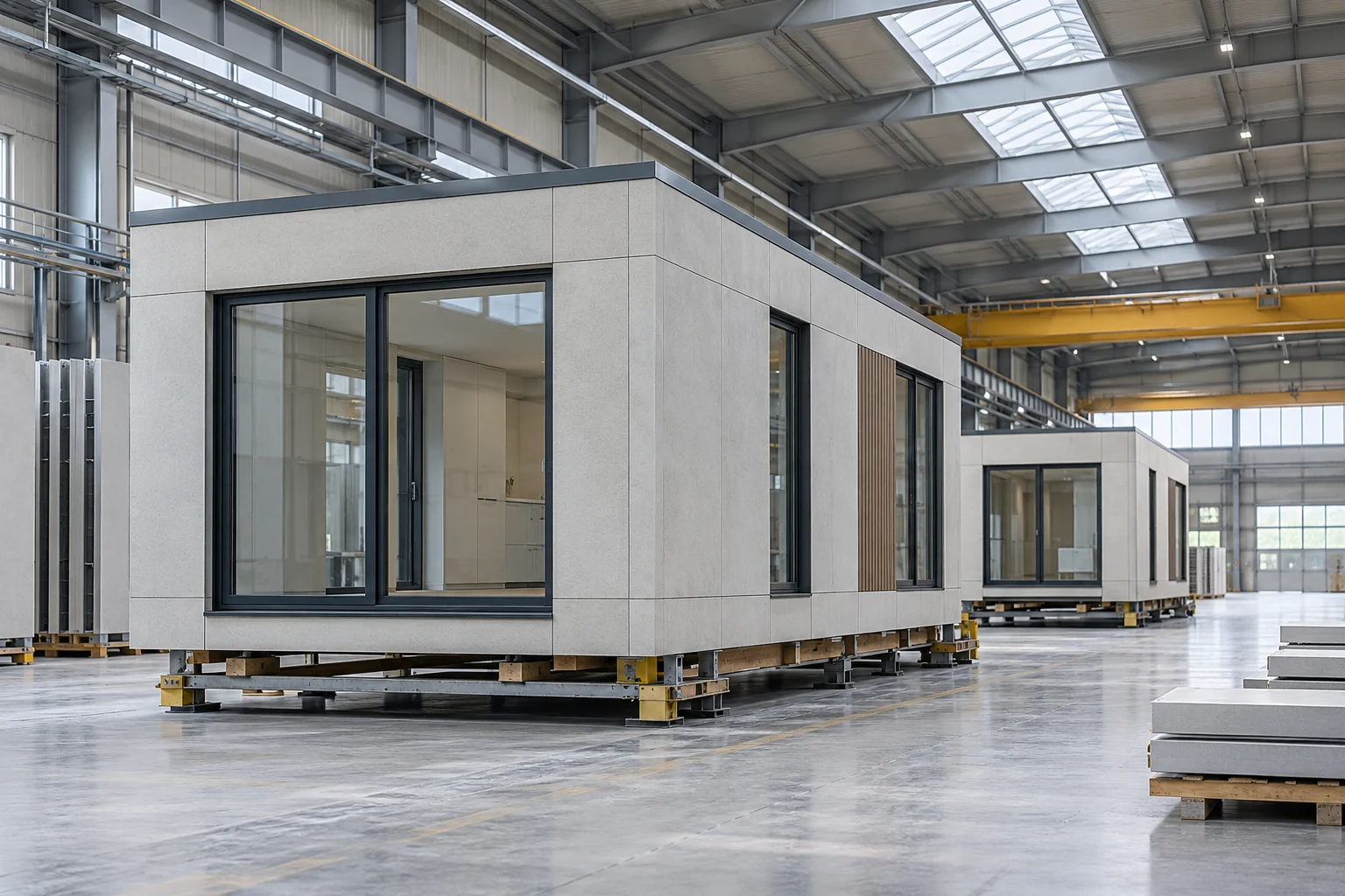 Ilustração de IA de unidades modulares em preparação em um galpão industrial claro.