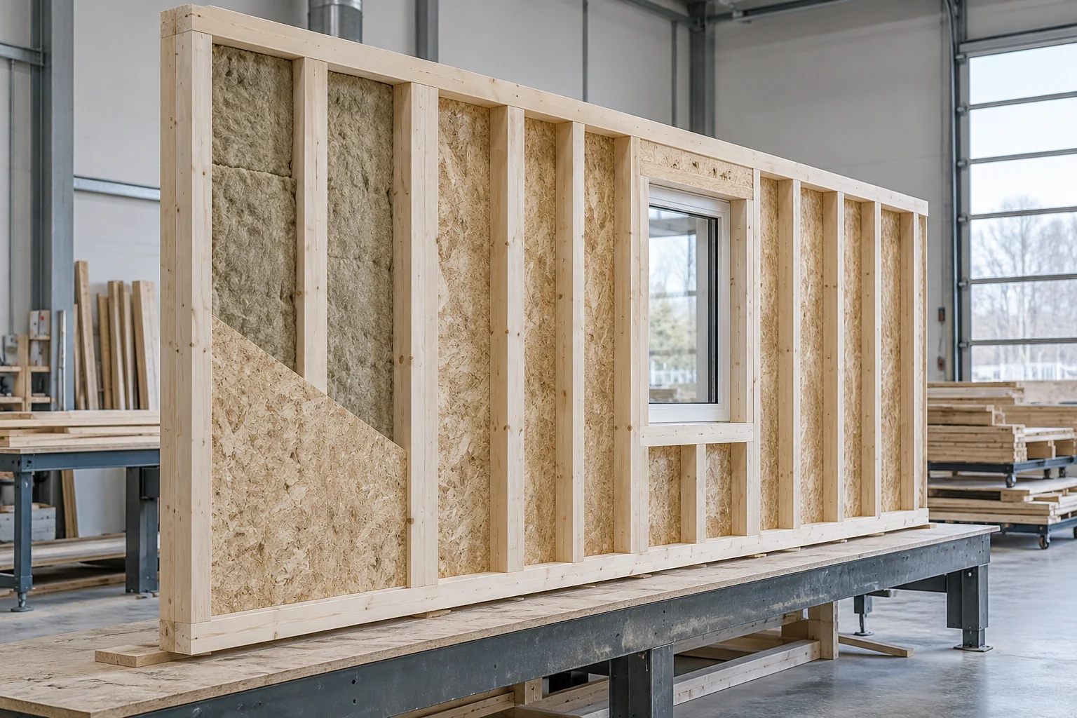 Ilustração de IA de um painel de wood frame em uma bancada fabril, com camadas de madeira e isolamento.